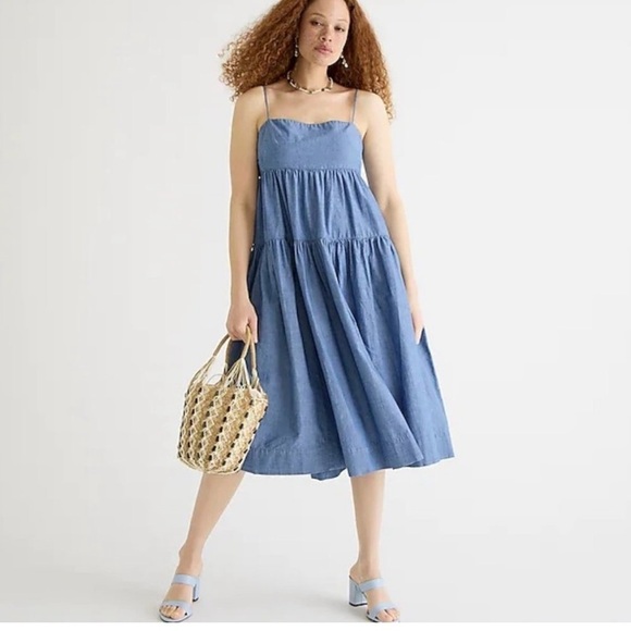 J. Crew Dresses & Skirts - J. Crew Tie-Back Tiered Organic Cotton Chambray A-Line Sun Dress Women - 20